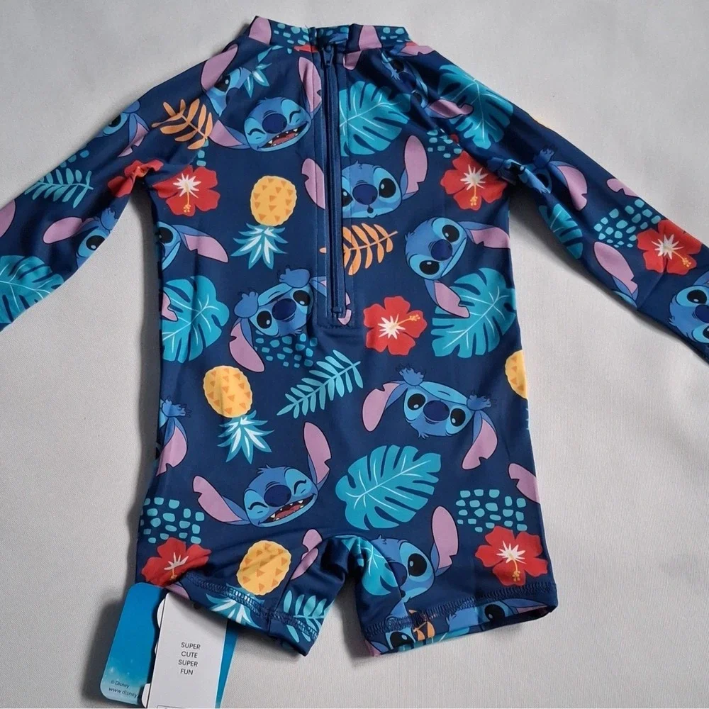 Disney Stitch Long Sleeve Zip Rash Guard One Piece Swimsuit Tropical 3-6M
